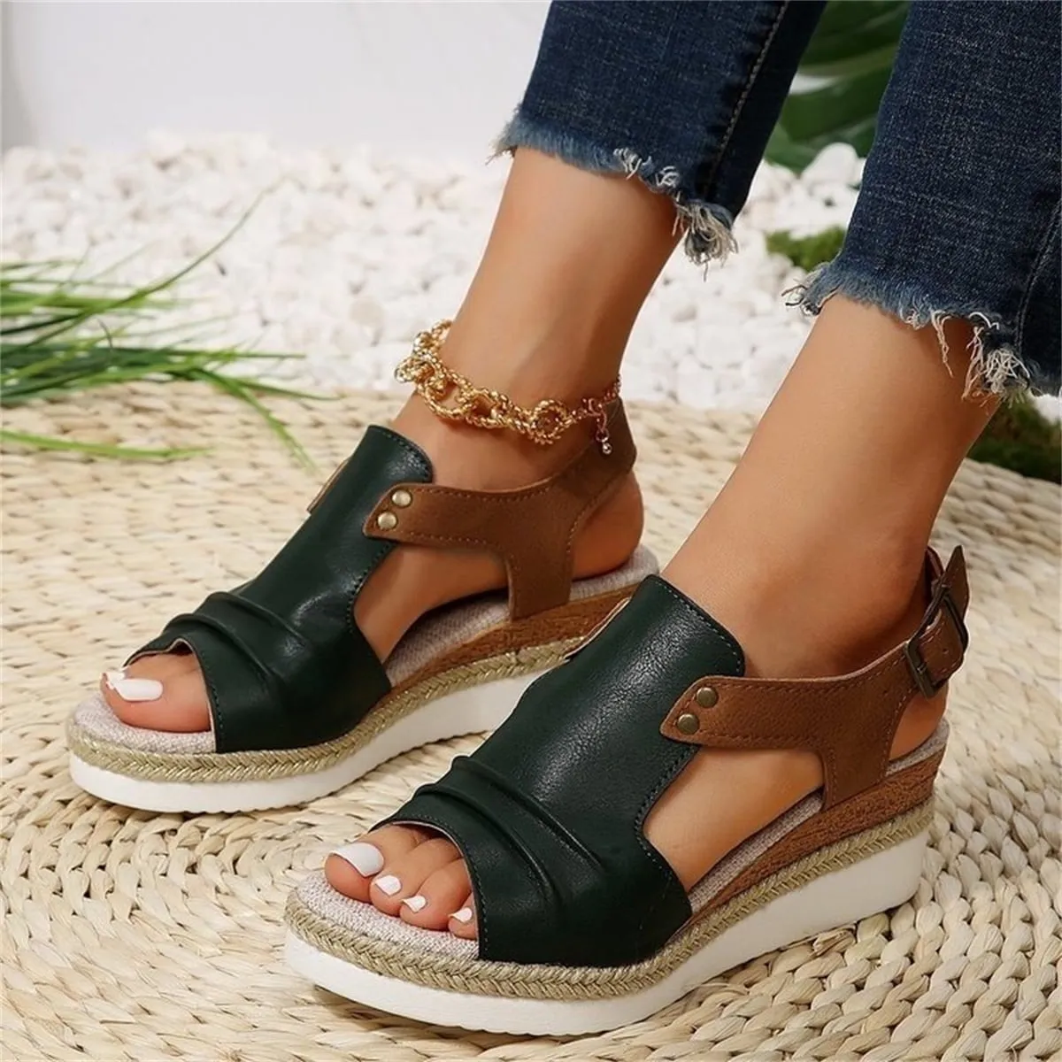 T-Space Women's Stylish Espadrilles Wedge Sandal  Open Toe Ankle Buckle Strap Shoes,Comfy Wedge Shoes Brown