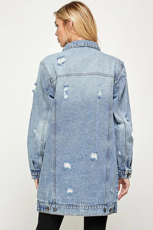The Original Denim 3/4 Sleeve Distressed Jacket