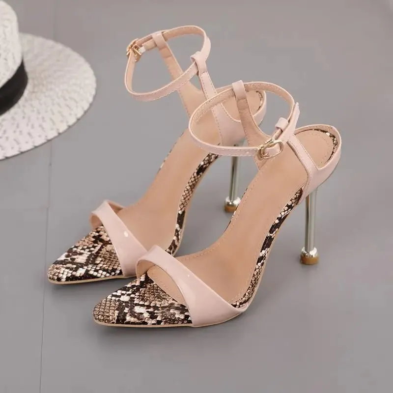 Toe Stiletto Snake Beige Leather Women's Shoes | 10.5CM Heel Height