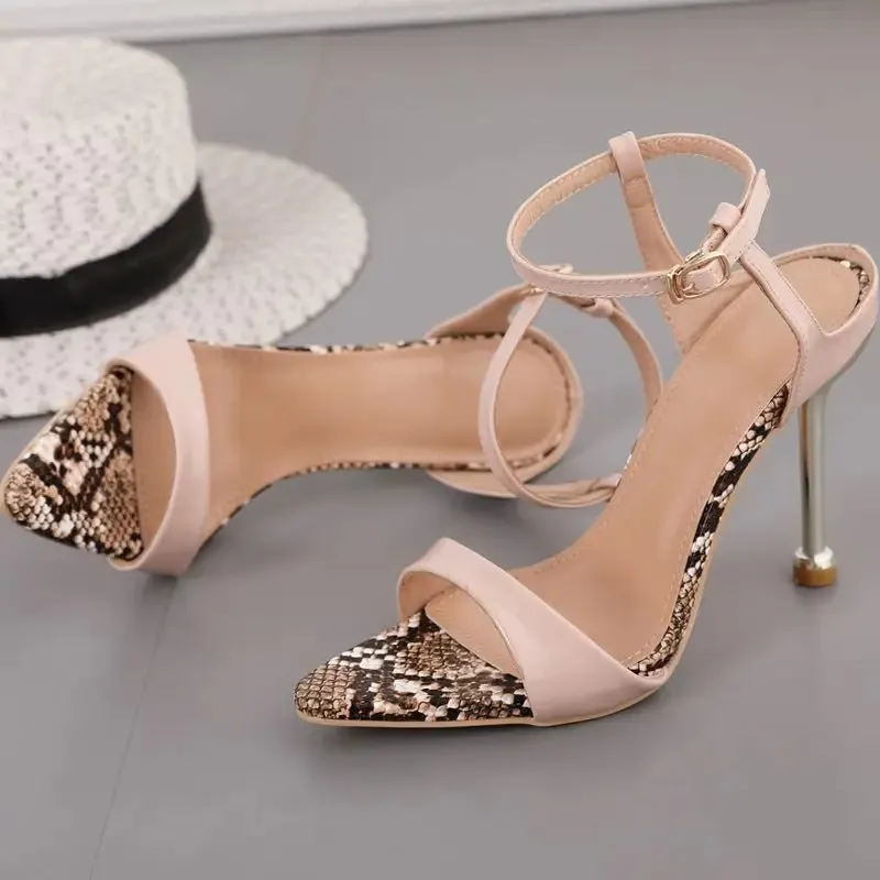 Toe Stiletto Snake Beige Leather Women's Shoes | 10.5CM Heel Height