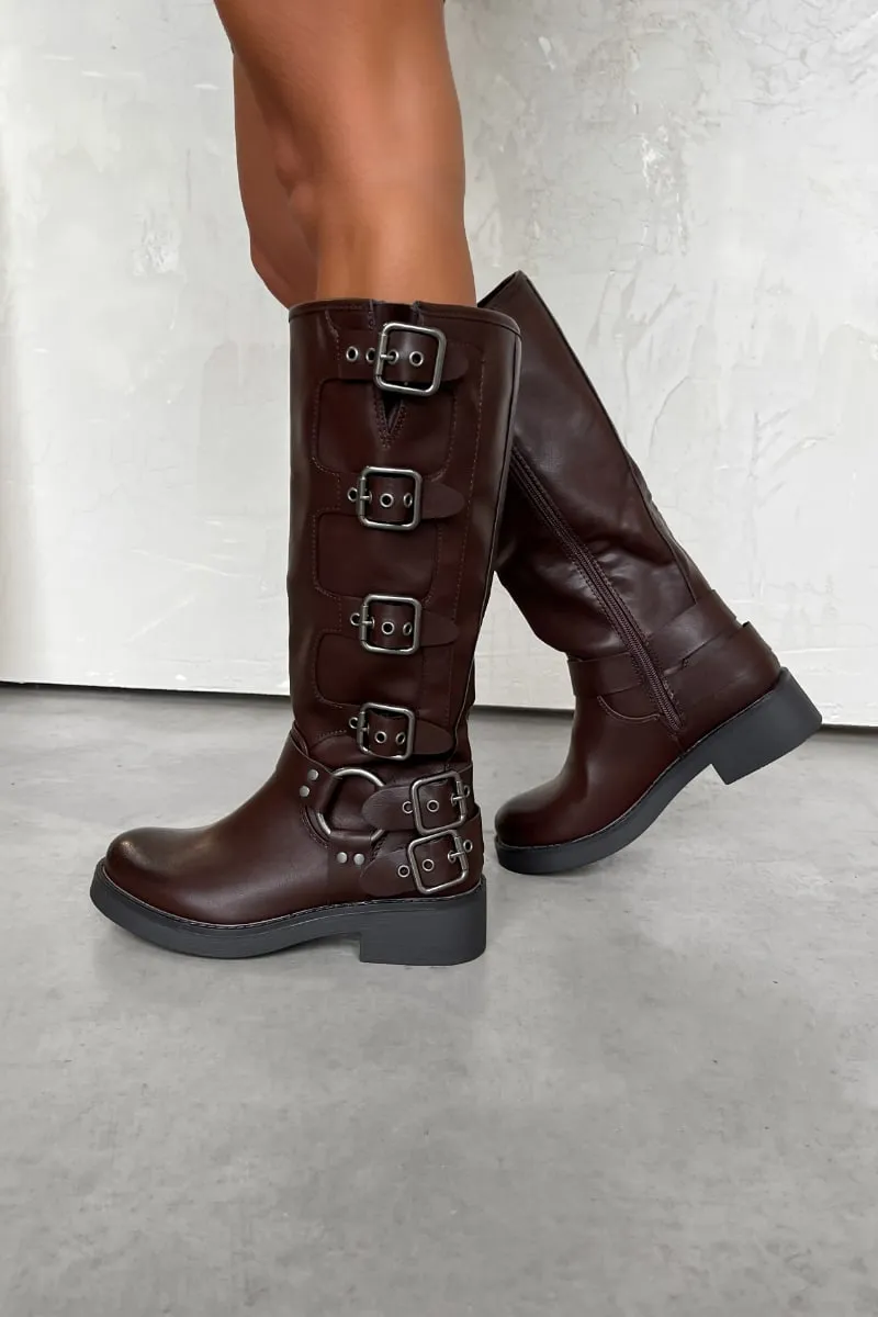 UTAH Chunky Buckle Biker Boots - Brown PU