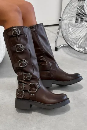 UTAH Chunky Buckle Biker Boots - Brown PU