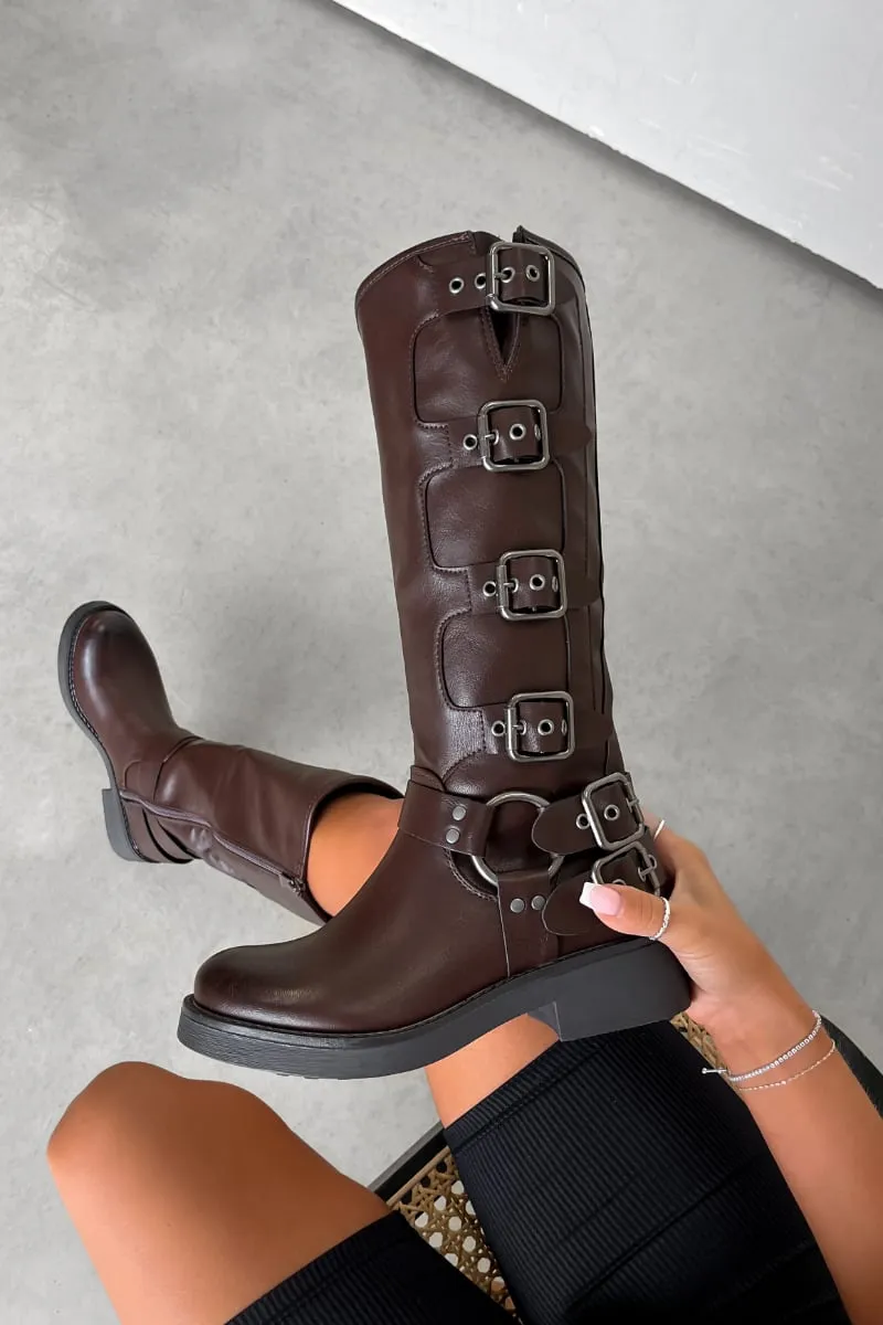 UTAH Chunky Buckle Biker Boots - Brown PU