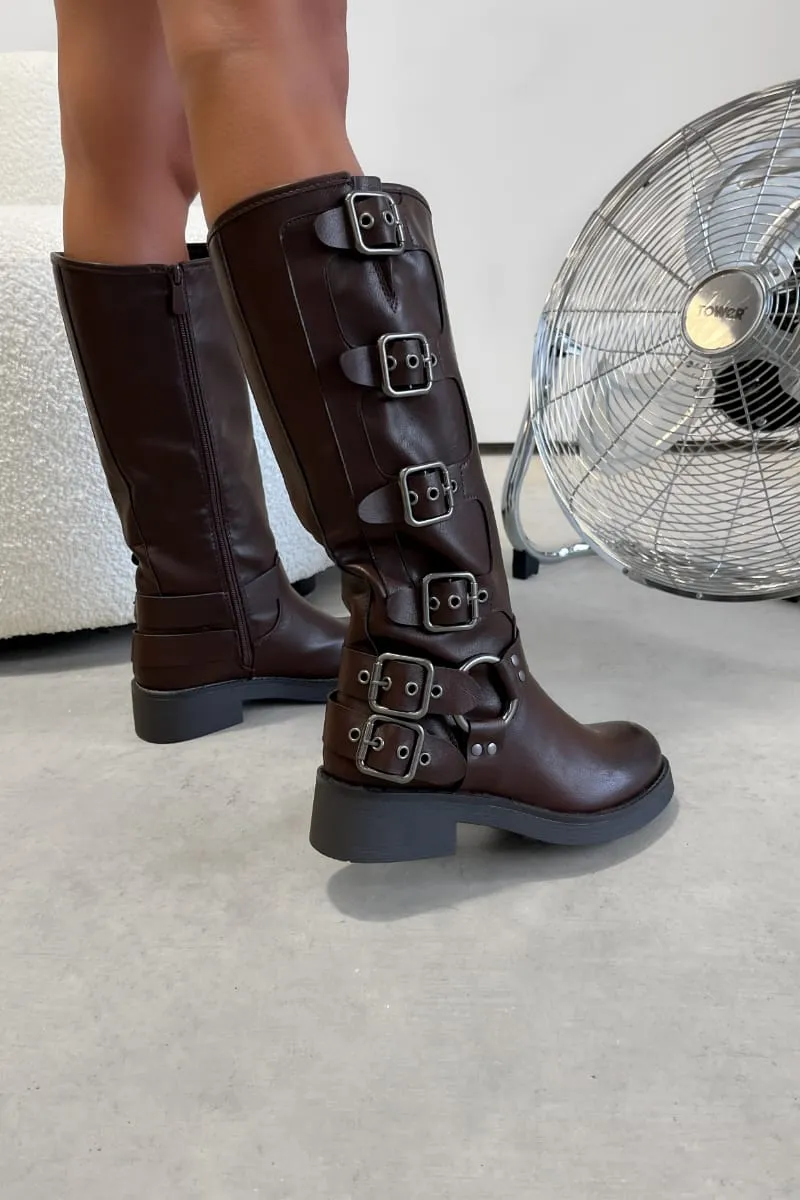 UTAH Chunky Buckle Biker Boots - Brown PU