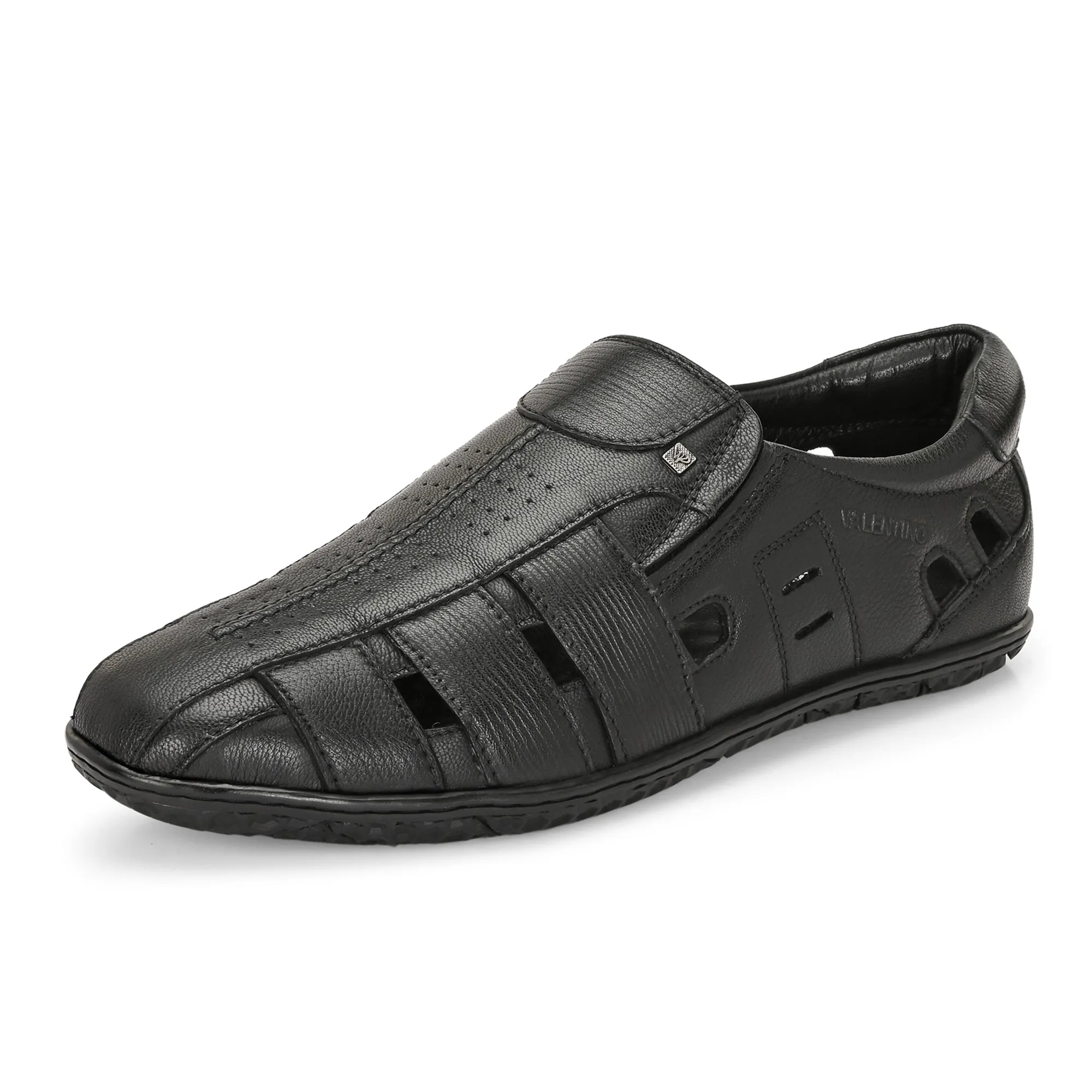 Valentino Men's Genuine Leather Black Sandals with Cushioned Footbed and Durable Rubber Sole (ROME-13)