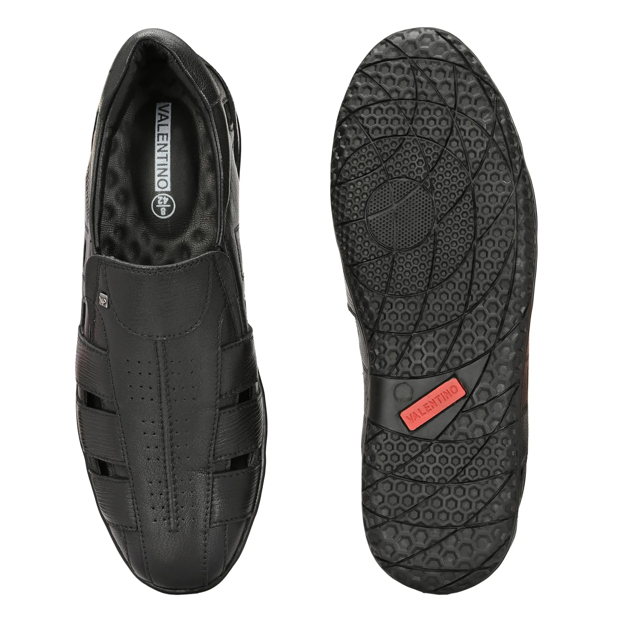Valentino Men's Genuine Leather Black Sandals with Cushioned Footbed and Durable Rubber Sole (ROME-13)
