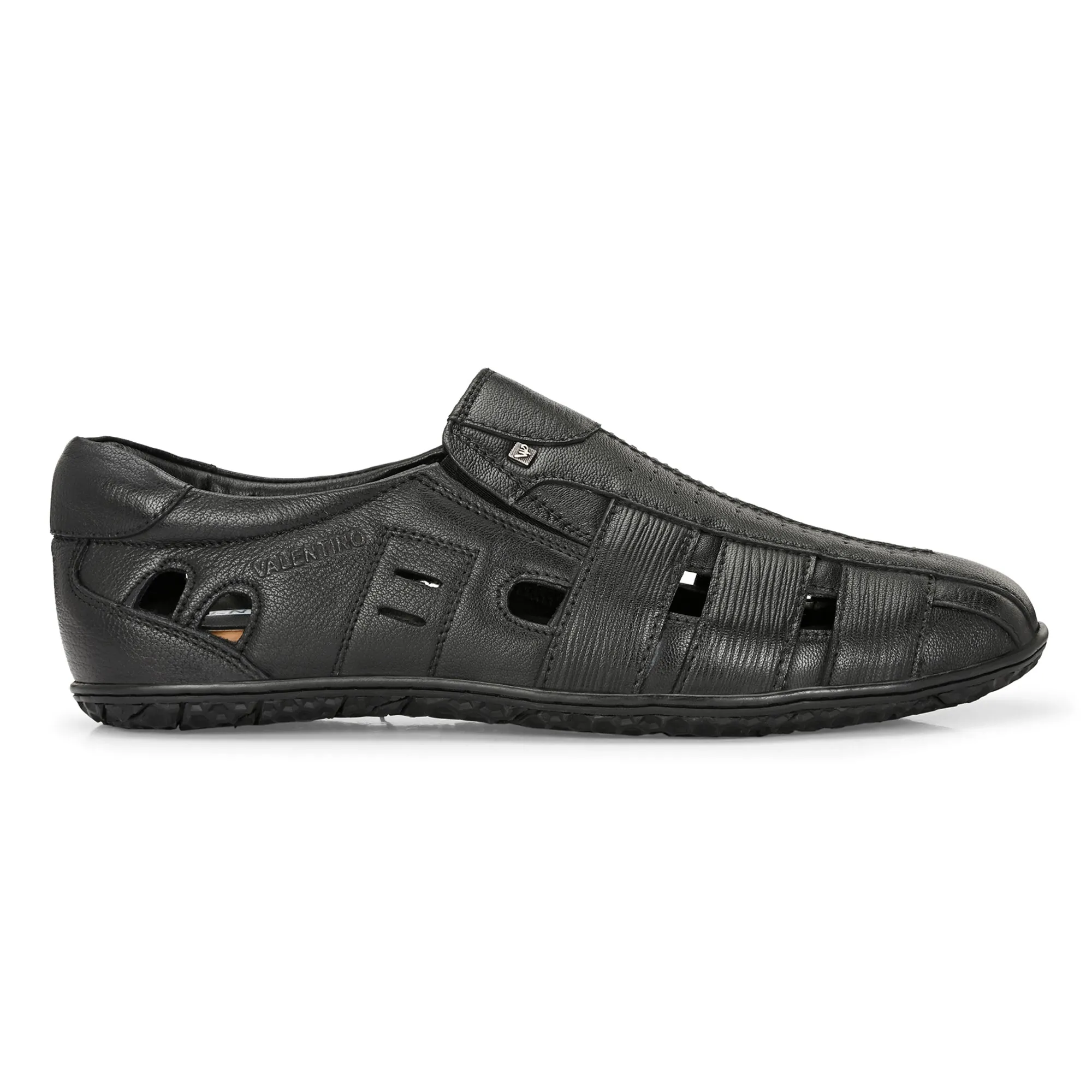 Valentino Men's Genuine Leather Black Sandals with Cushioned Footbed and Durable Rubber Sole (ROME-13)