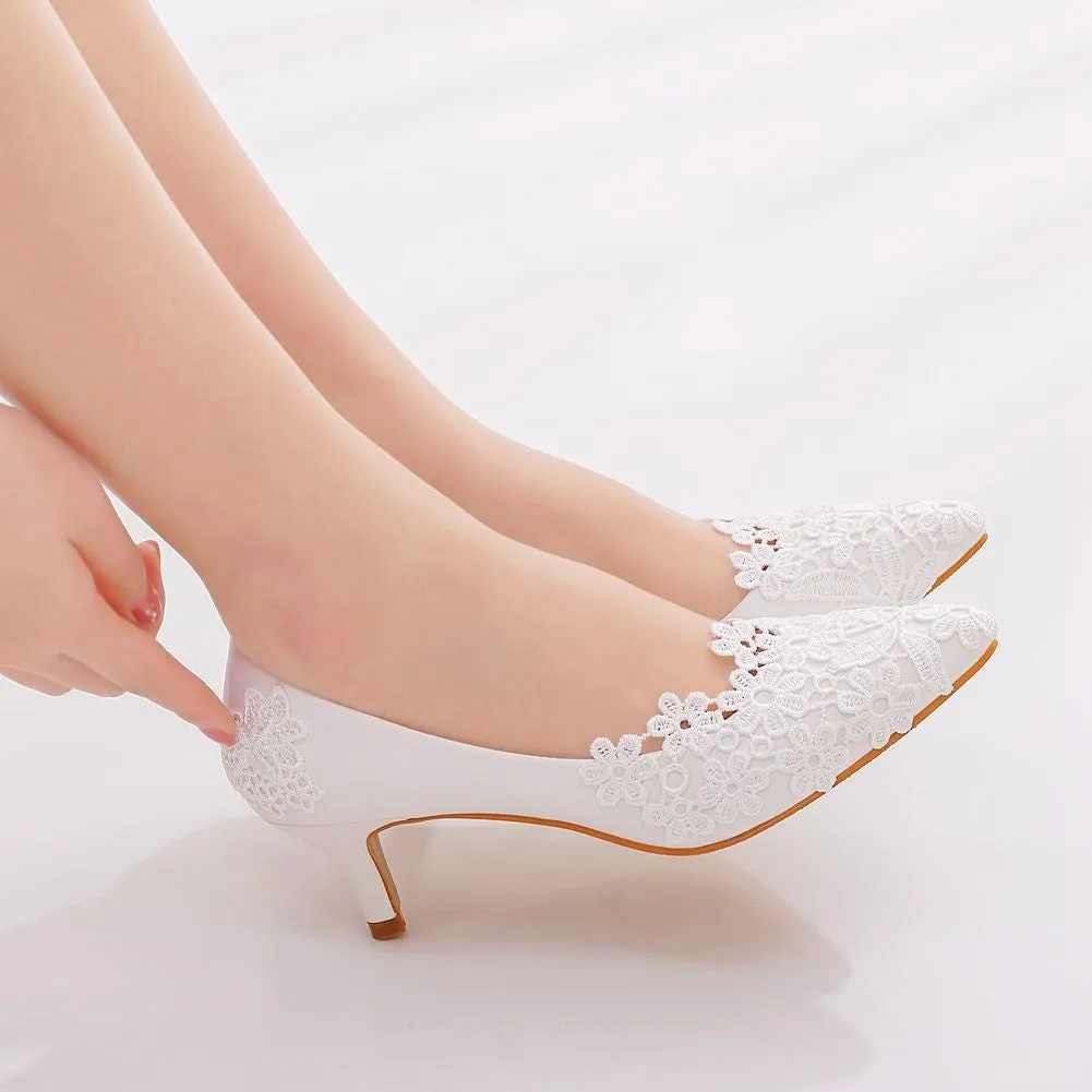 White floral lace kitten heeled wedding pumps elegant bridal shoes