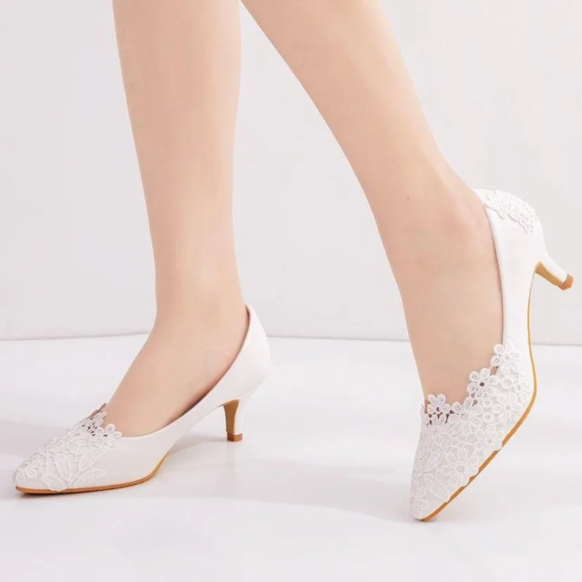 White floral lace kitten heeled wedding pumps elegant bridal shoes