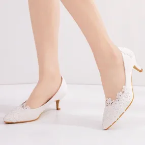 White floral lace kitten heeled wedding pumps elegant bridal shoes