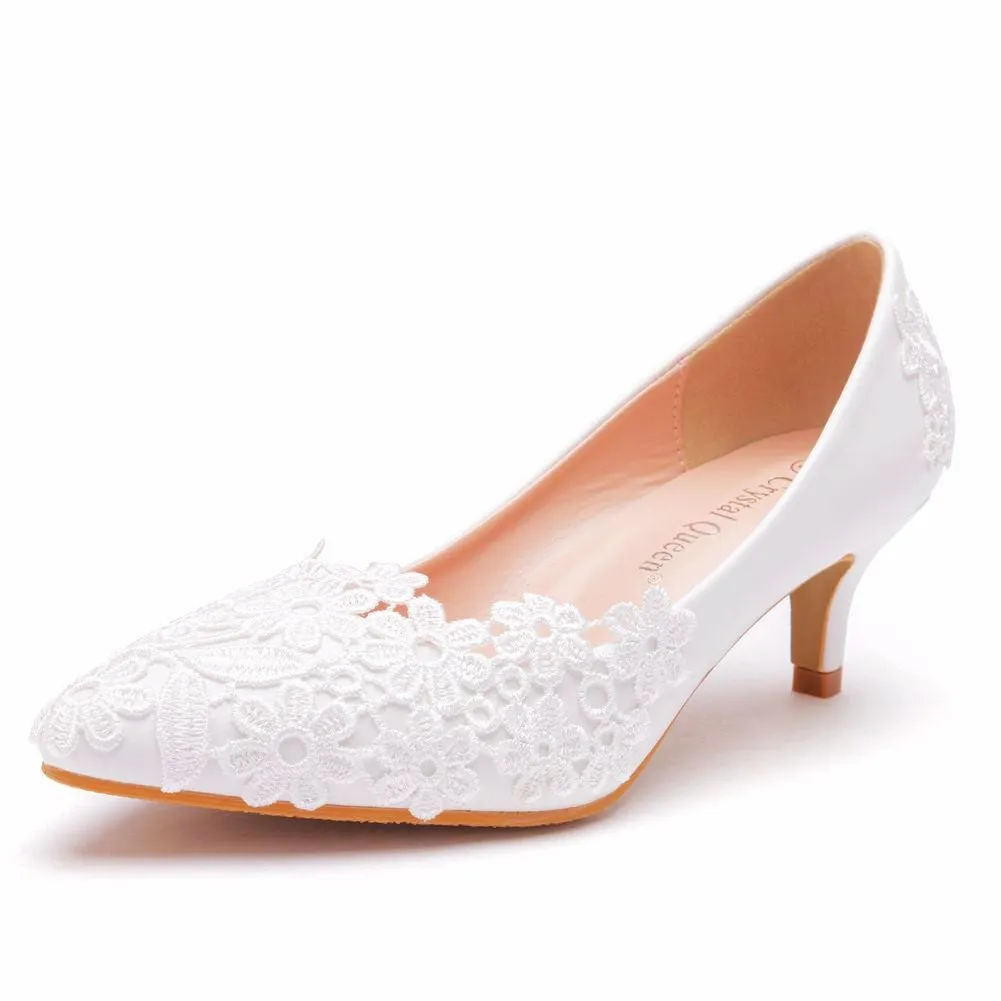 White floral lace kitten heeled wedding pumps elegant bridal shoes
