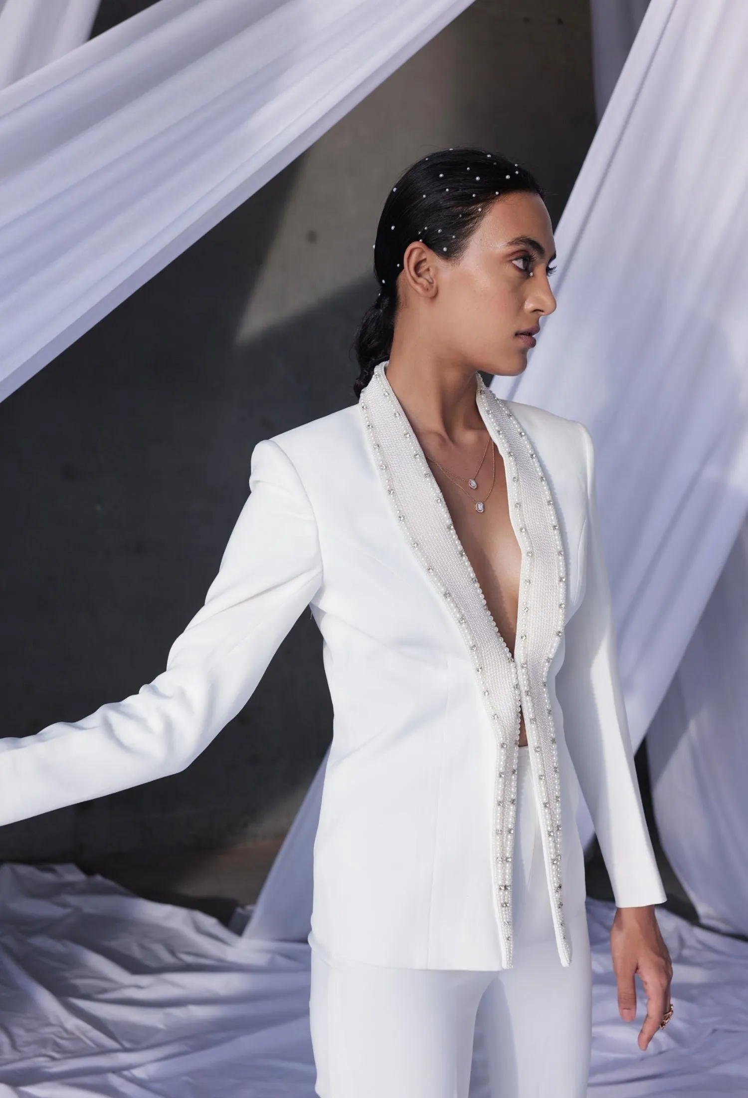 White Pearl Lapel Blazer