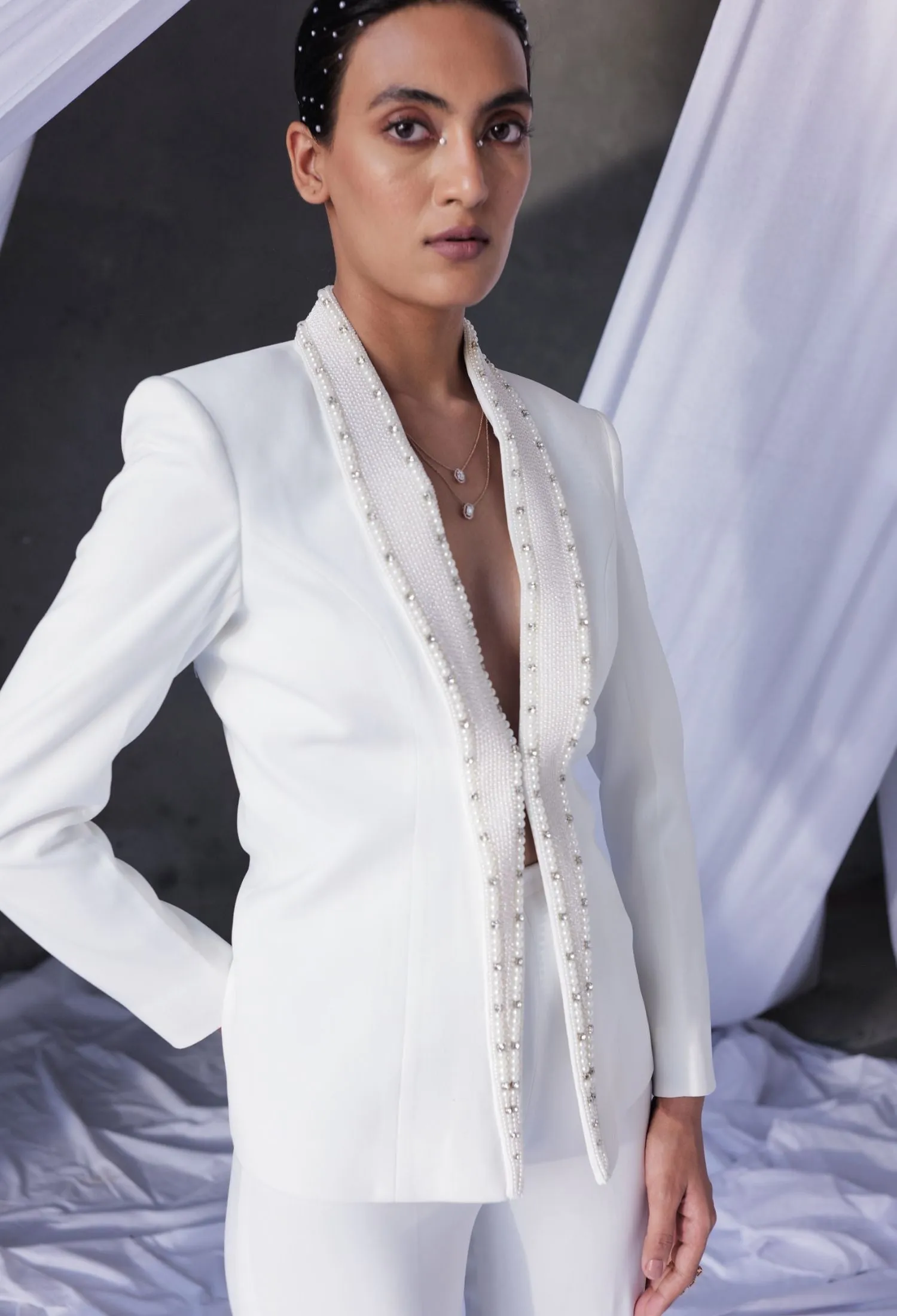 White Pearl Lapel Blazer