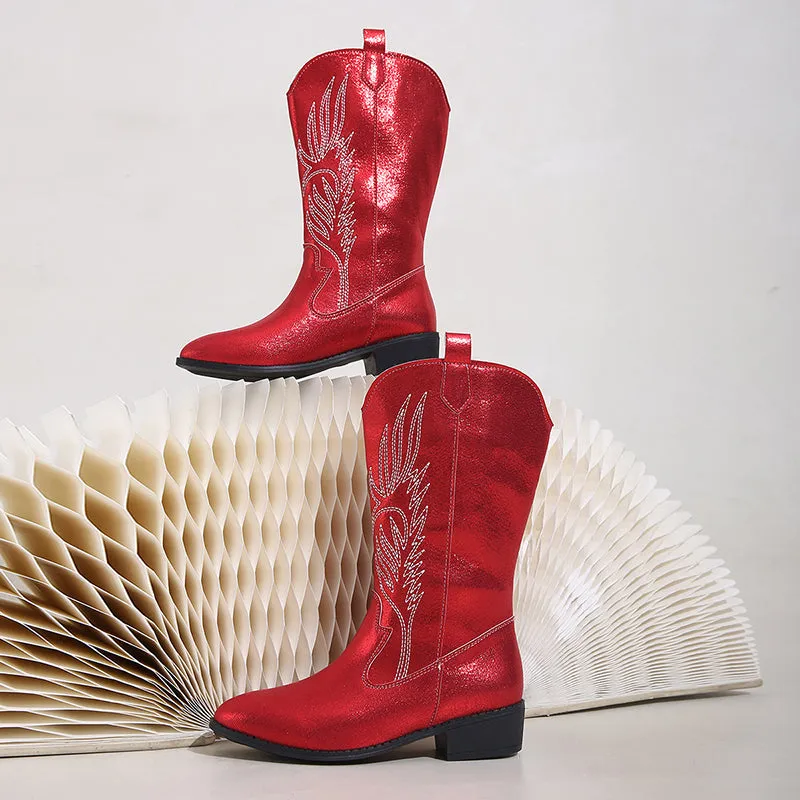 Women's embroidery metallic shiny cowboy boots