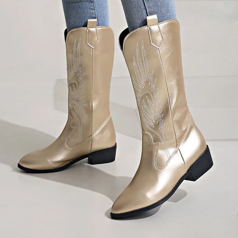 Women's embroidery metallic shiny cowboy boots
