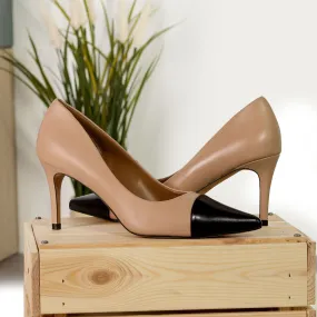 Women's Milan Pointed Toe Leather Heels Wide Plus Size Luxury Black Nude Skin 5446