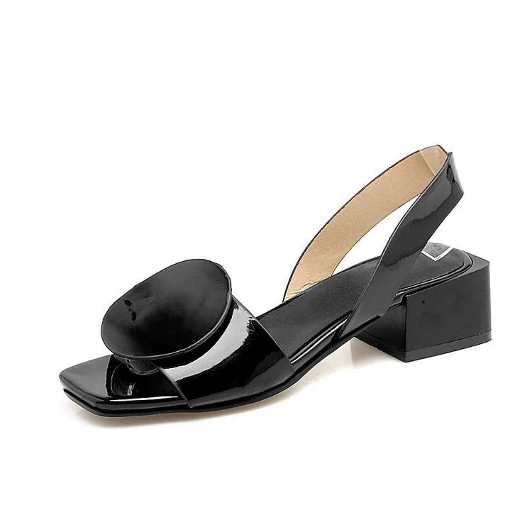Women's PU patent leather square peep toe block heels sandals medium heel slingback sandals