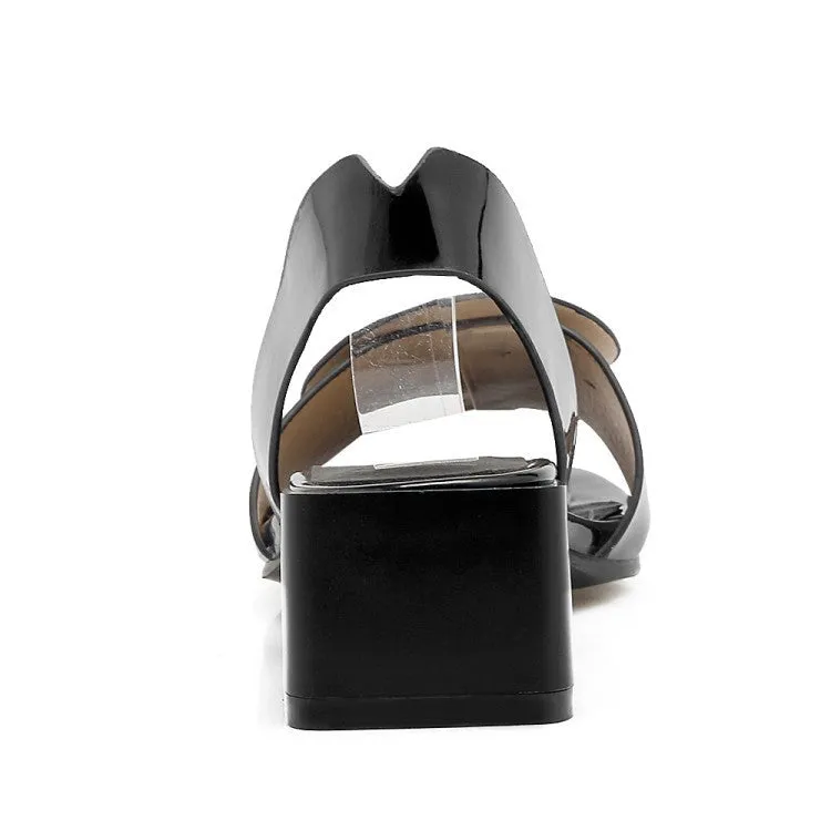 Women's PU patent leather square peep toe block heels sandals medium heel slingback sandals