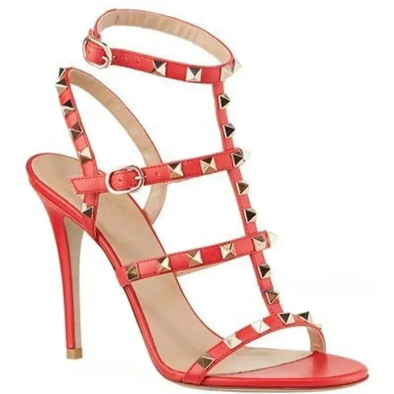 Women's Rockstud Cage Leather High Heel Sandals – Elegant Ankle Strap, Thin Heels, Luxury Designer Shoes for Summer, Party & Office