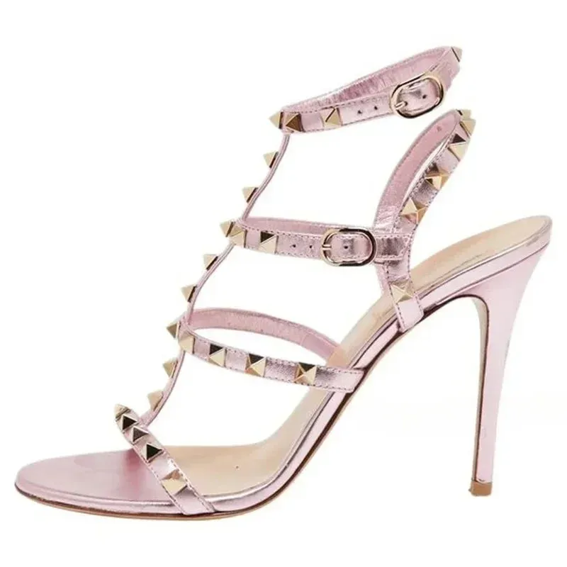 Women's Rockstud Cage Leather High Heel Sandals – Elegant Ankle Strap, Thin Heels, Luxury Designer Shoes for Summer, Party & Office