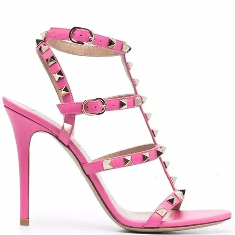 Women's Rockstud Cage Leather High Heel Sandals – Elegant Ankle Strap, Thin Heels, Luxury Designer Shoes for Summer, Party & Office