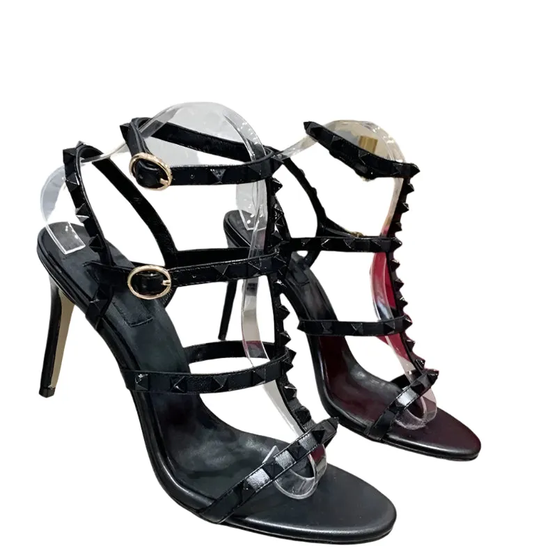 Women's Rockstud Cage Leather High Heel Sandals – Elegant Ankle Strap, Thin Heels, Luxury Designer Shoes for Summer, Party & Office