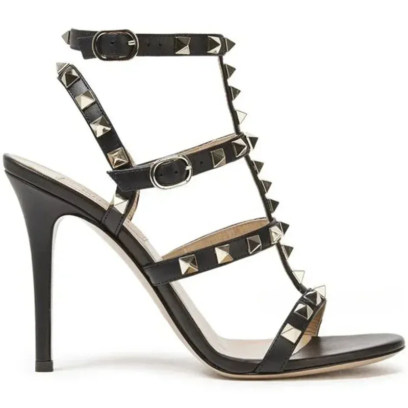 Women's Rockstud Cage Leather High Heel Sandals – Elegant Ankle Strap, Thin Heels, Luxury Designer Shoes for Summer, Party & Office