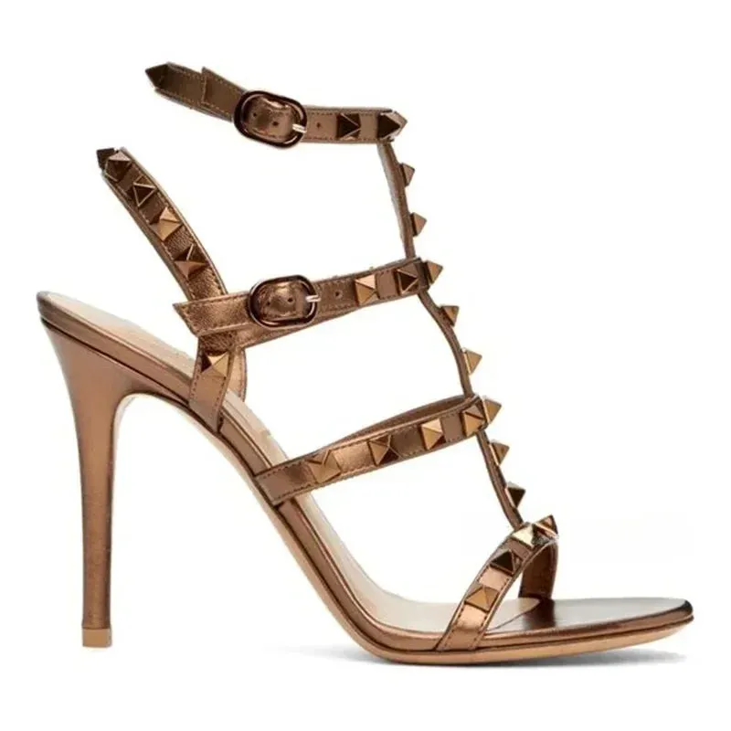 Women's Rockstud Cage Leather High Heel Sandals – Elegant Ankle Strap, Thin Heels, Luxury Designer Shoes for Summer, Party & Office