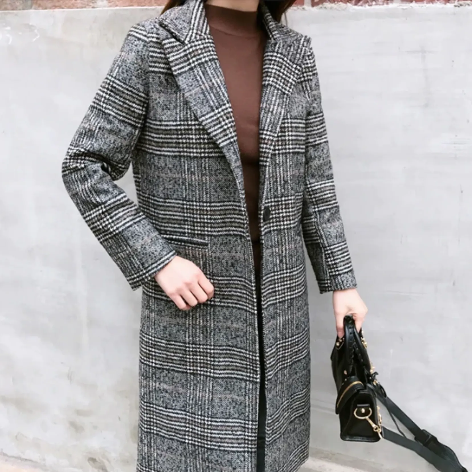 Women's Spring/Autumn Plaid Long Woolen Coat