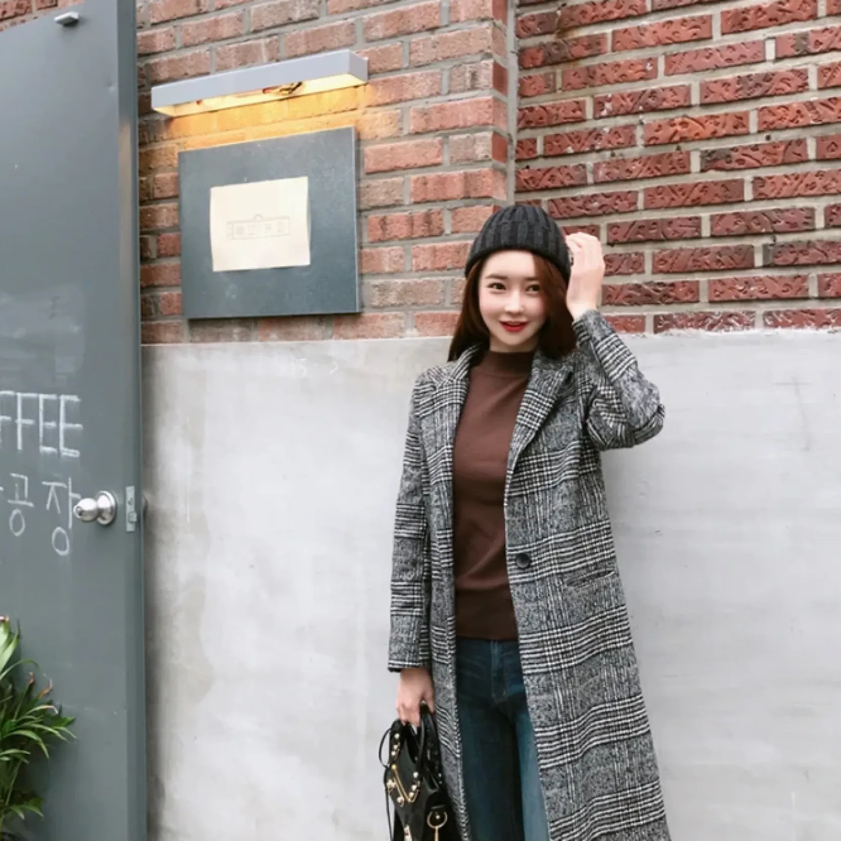 Women's Spring/Autumn Plaid Long Woolen Coat
