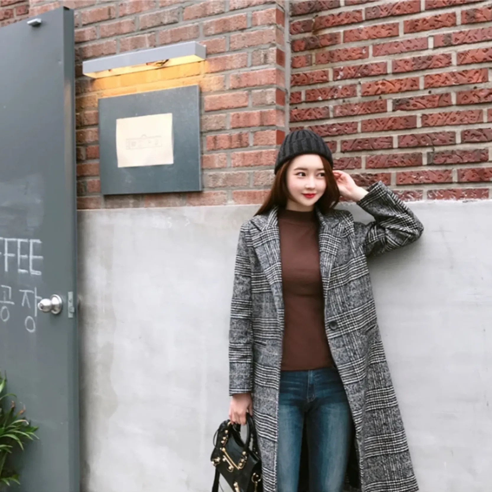 Women's Spring/Autumn Plaid Long Woolen Coat