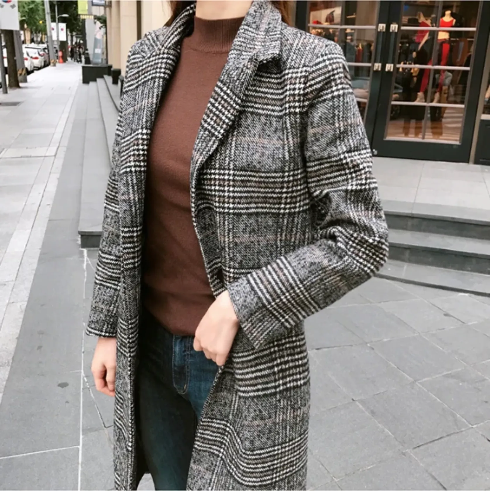Women's Spring/Autumn Plaid Long Woolen Coat