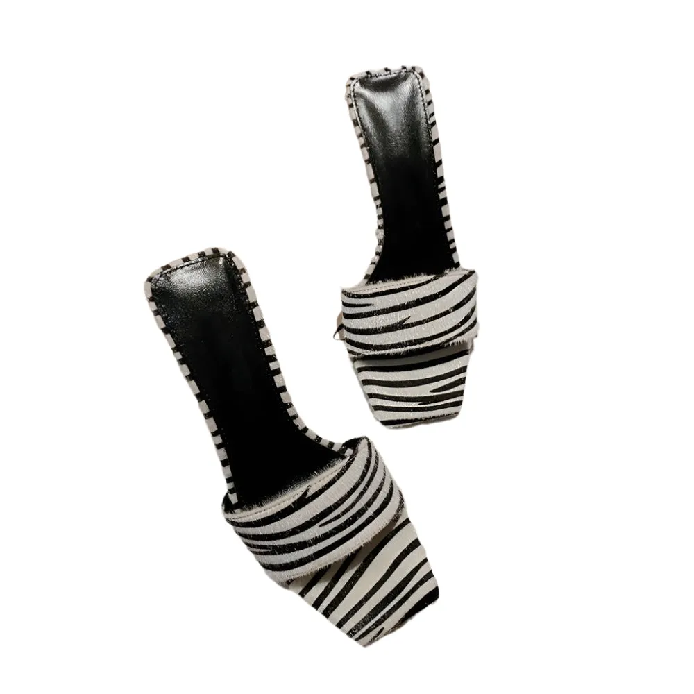Zebra Print Open-Toe Mules – Black & White Striped Stiletto Heels | Sexy Summer Sandals for Women | Party, Casual, & Dress Shoes