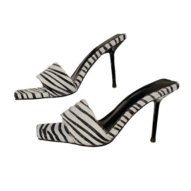 Zebra Print Open-Toe Mules – Black & White Striped Stiletto Heels | Sexy Summer Sandals for Women | Party, Casual, & Dress Shoes