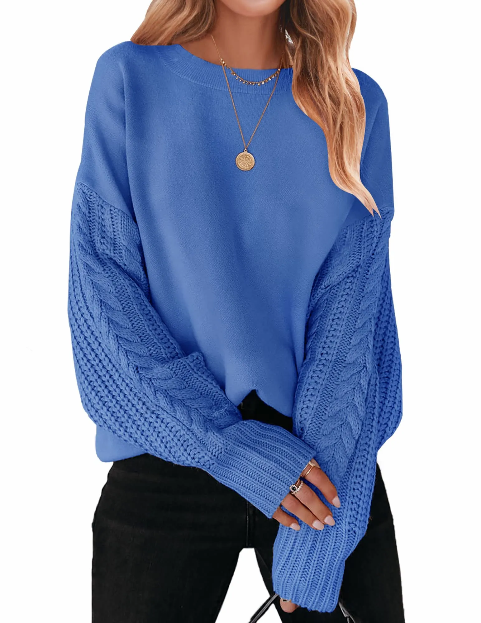 ZESICA Long Sleeve Crew Neck Cable Knit Sweater