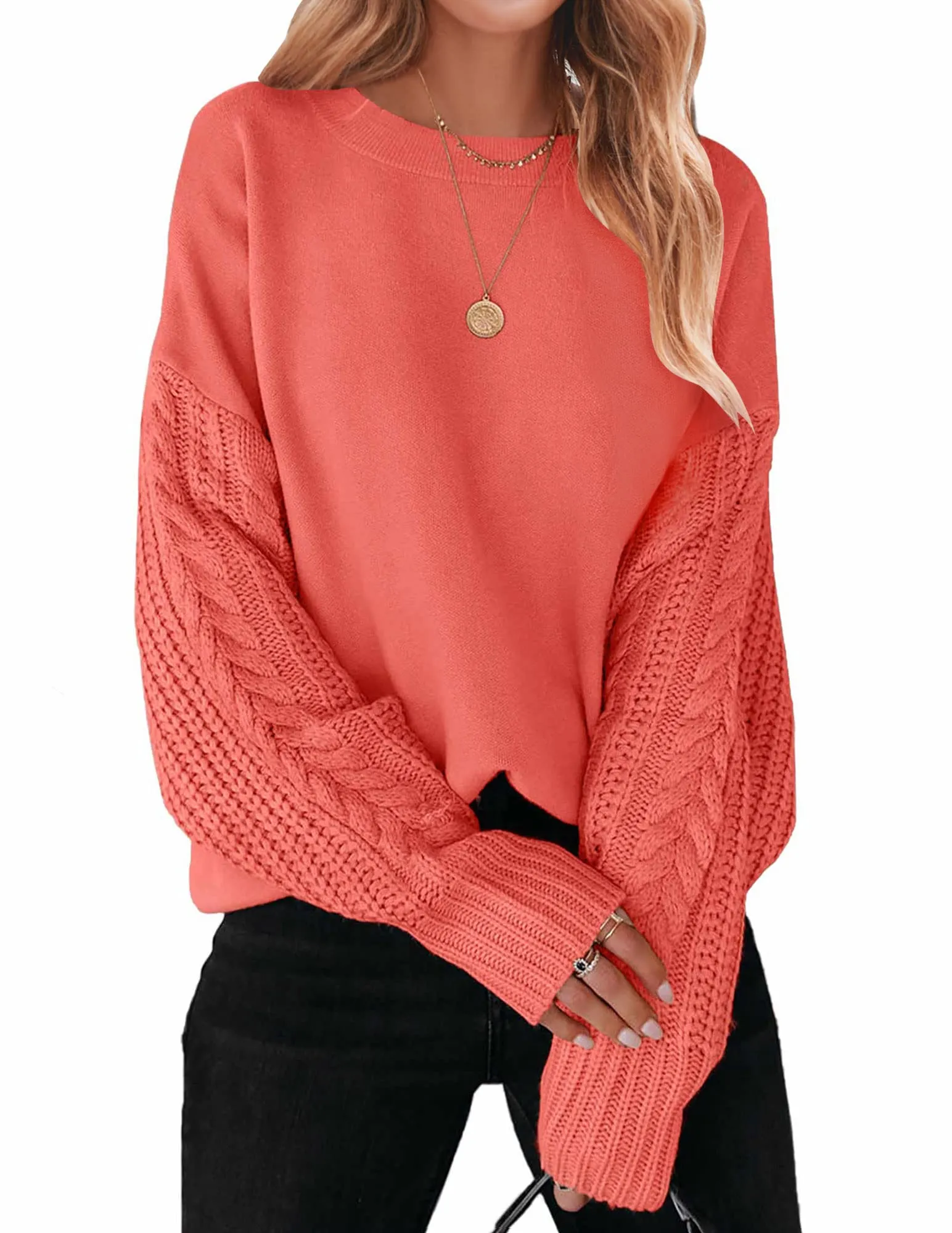 ZESICA Long Sleeve Crew Neck Cable Knit Sweater