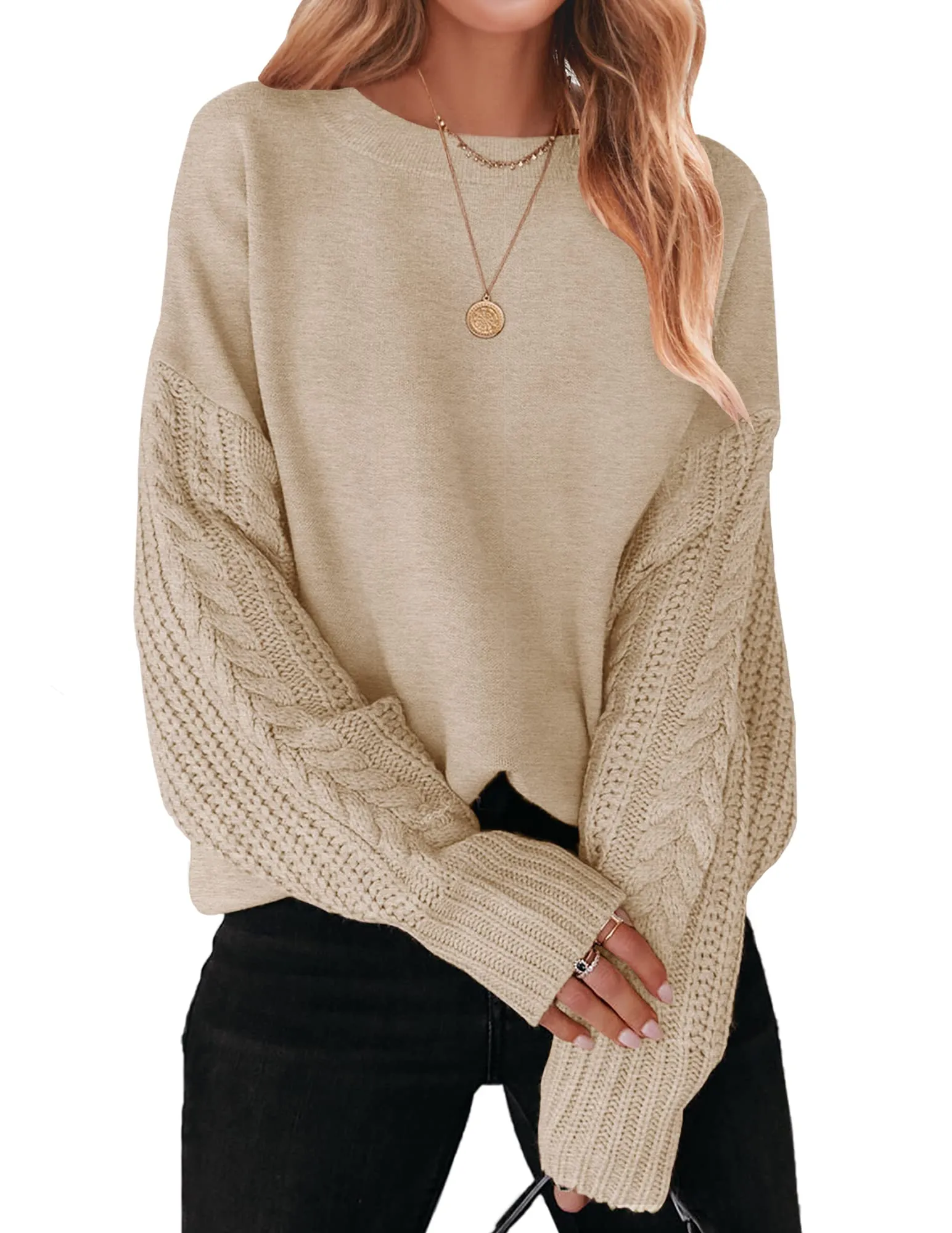 ZESICA Long Sleeve Crew Neck Cable Knit Sweater