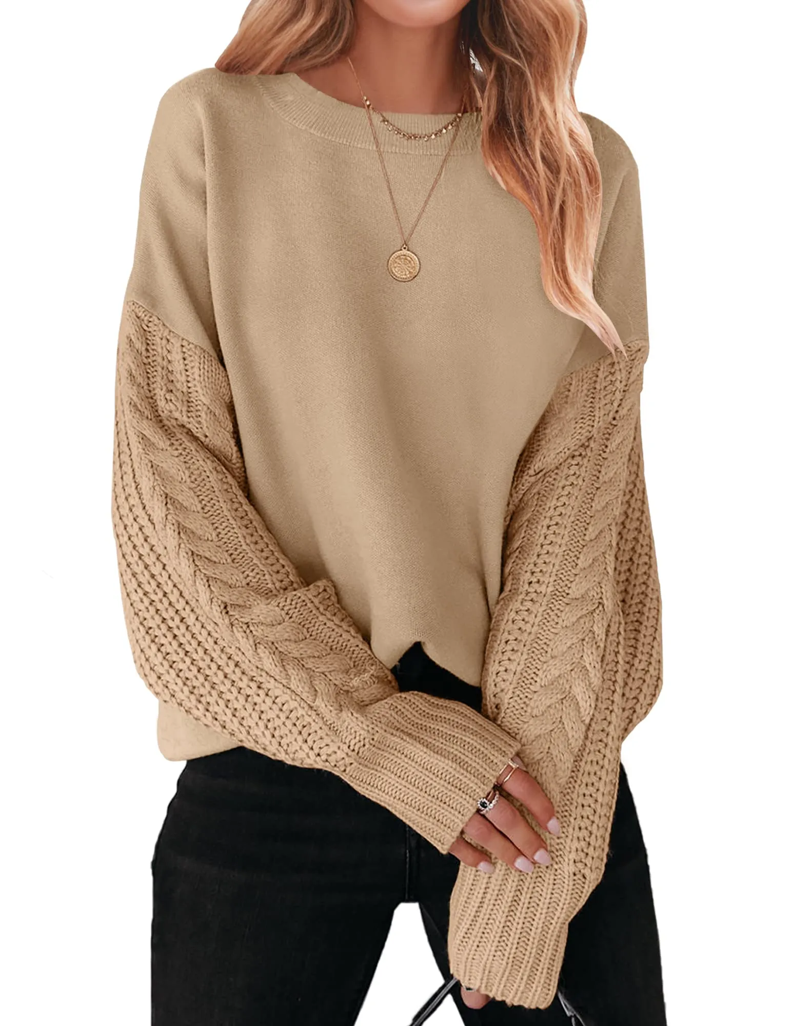 ZESICA Long Sleeve Crew Neck Cable Knit Sweater