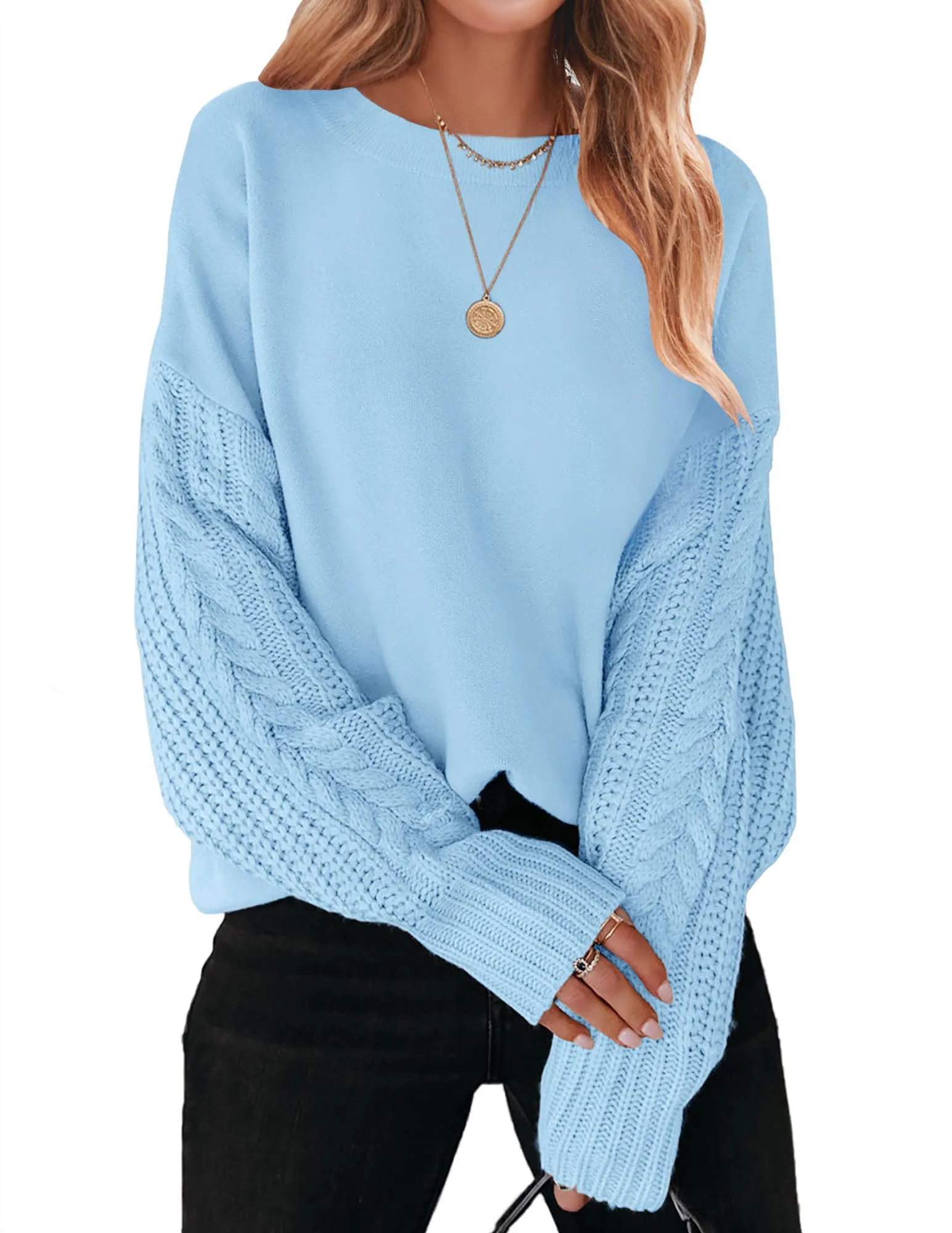 ZESICA Long Sleeve Crew Neck Cable Knit Sweater