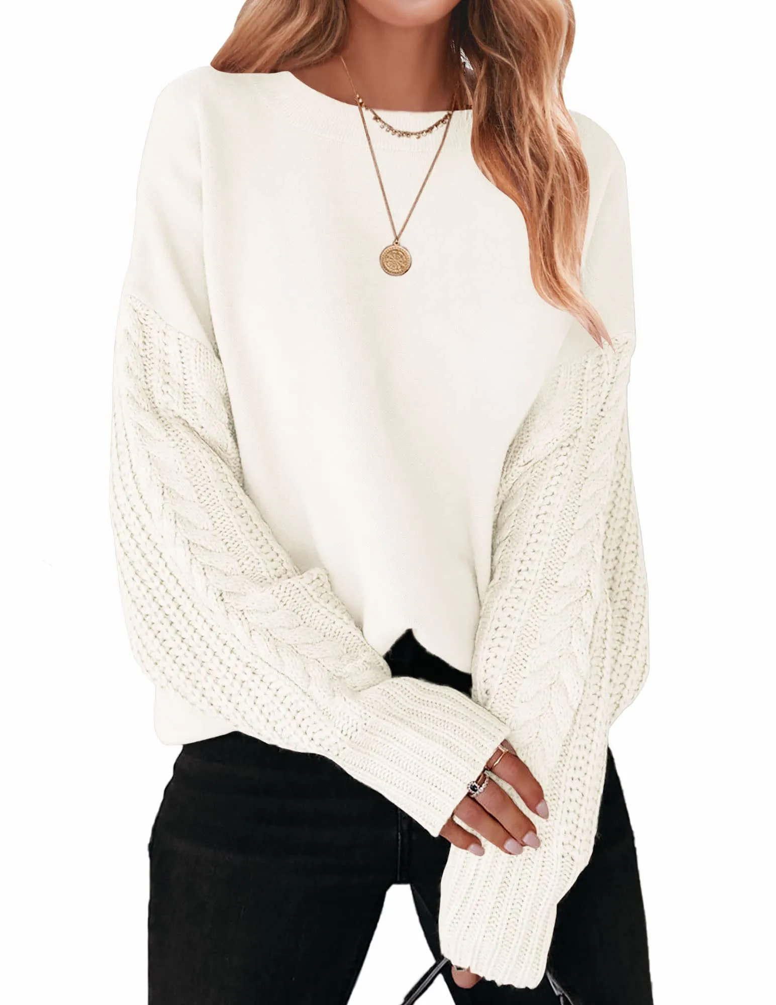 ZESICA Long Sleeve Crew Neck Cable Knit Sweater