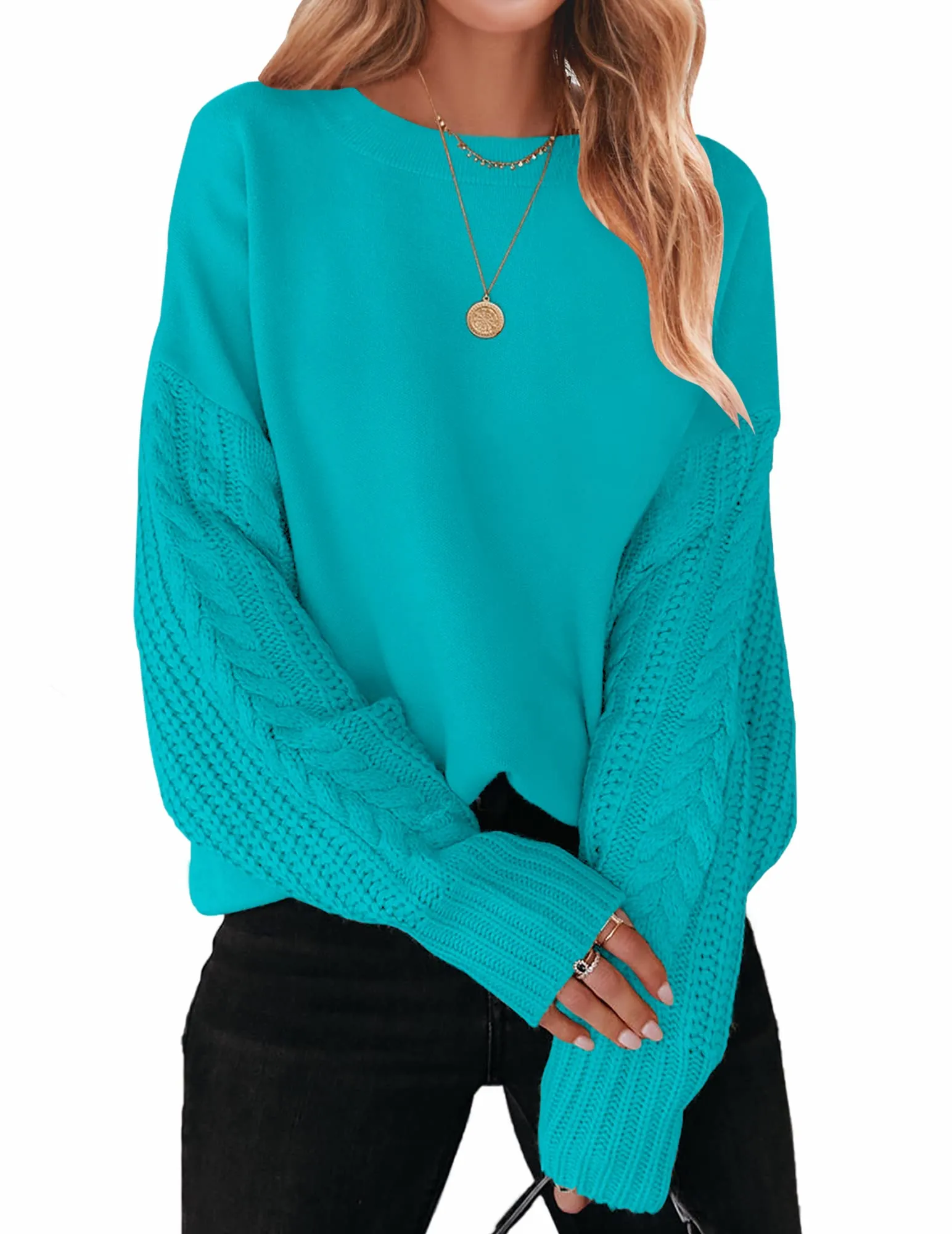 ZESICA Long Sleeve Crew Neck Cable Knit Sweater