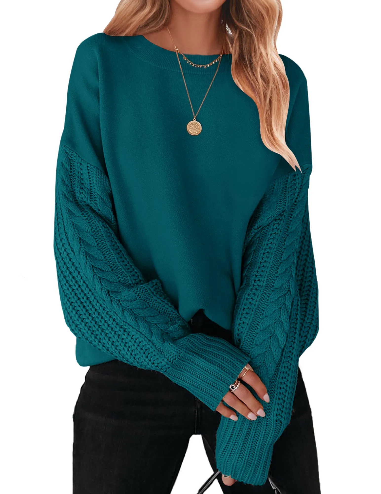 ZESICA Long Sleeve Crew Neck Cable Knit Sweater