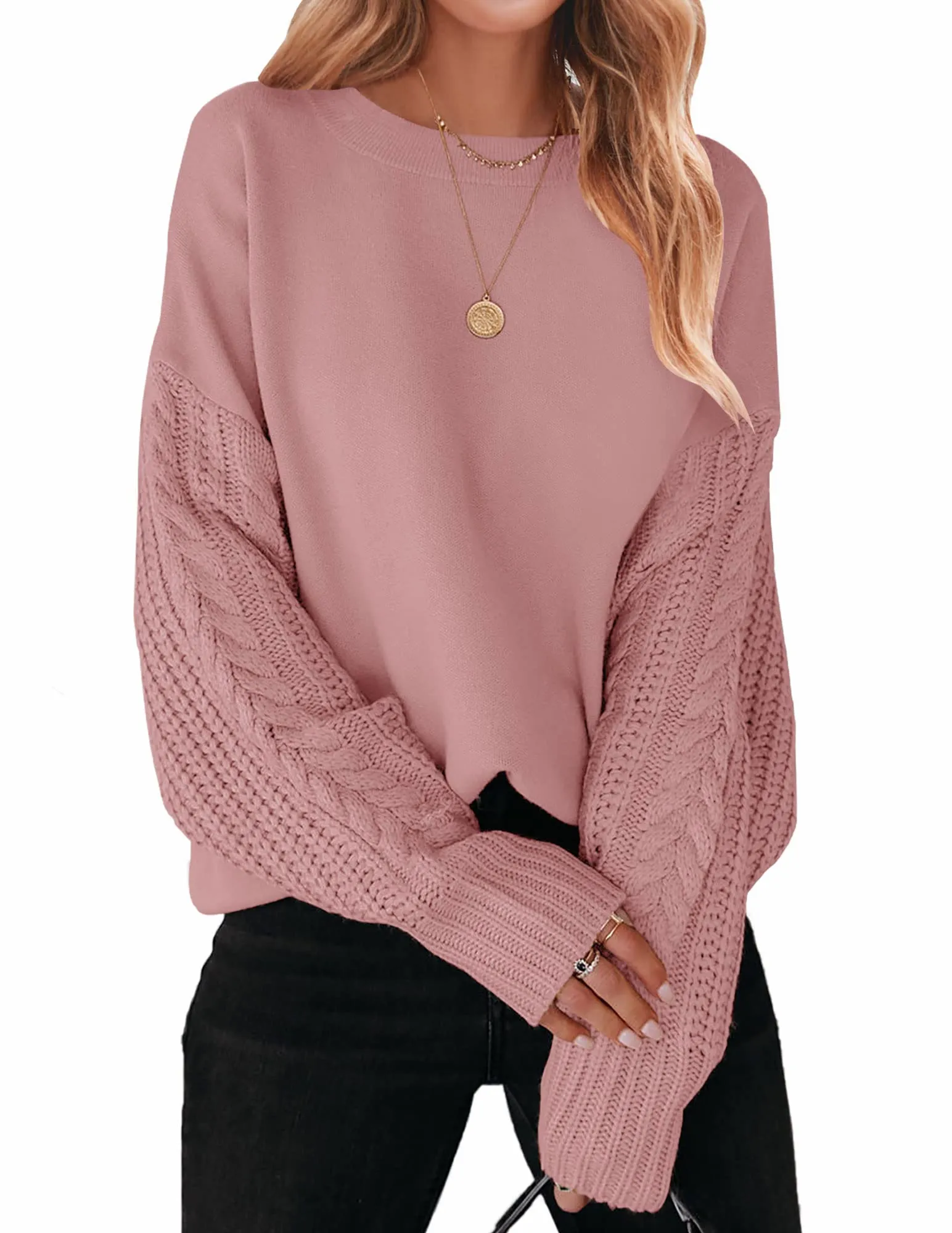 ZESICA Long Sleeve Crew Neck Cable Knit Sweater