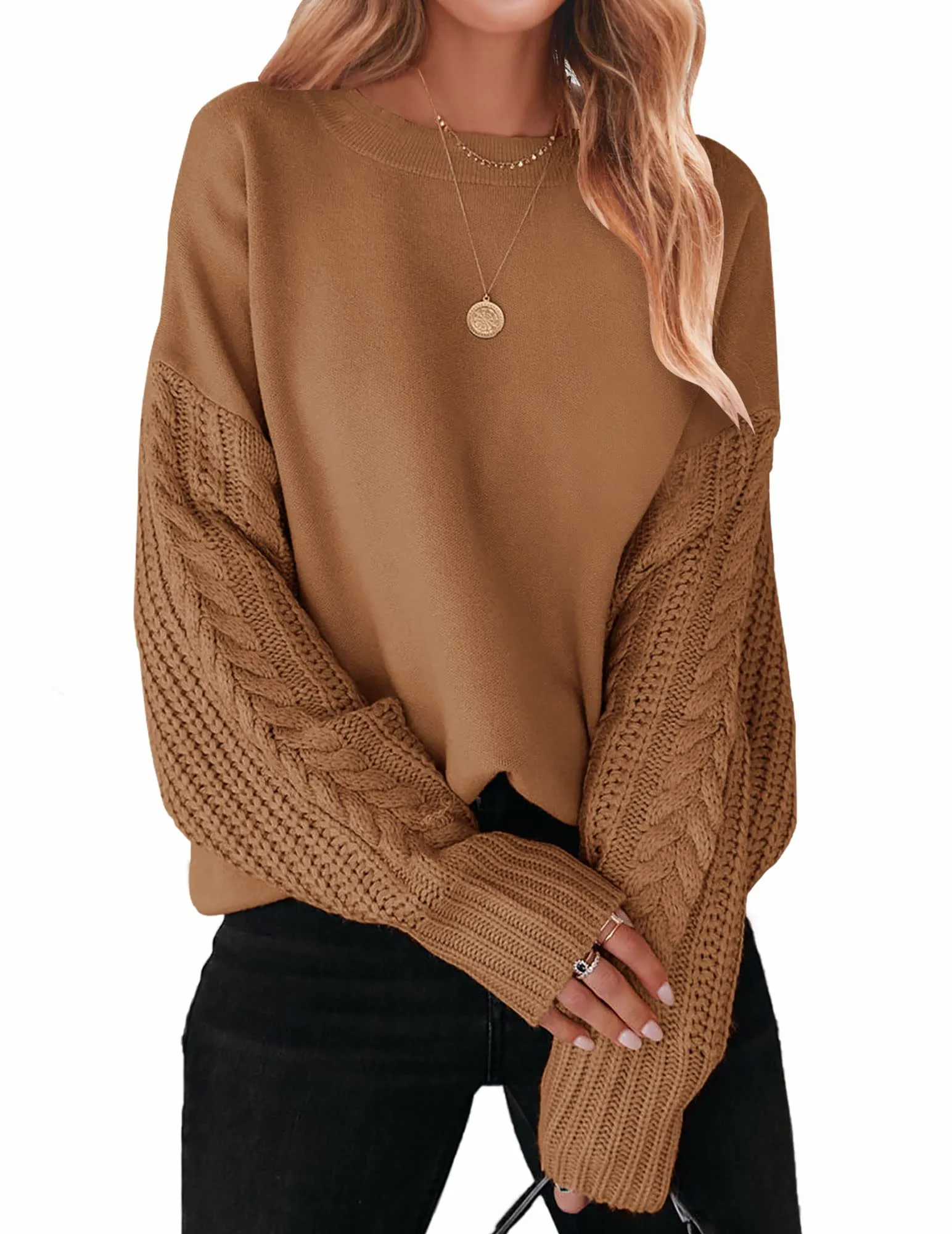 ZESICA Long Sleeve Crew Neck Cable Knit Sweater