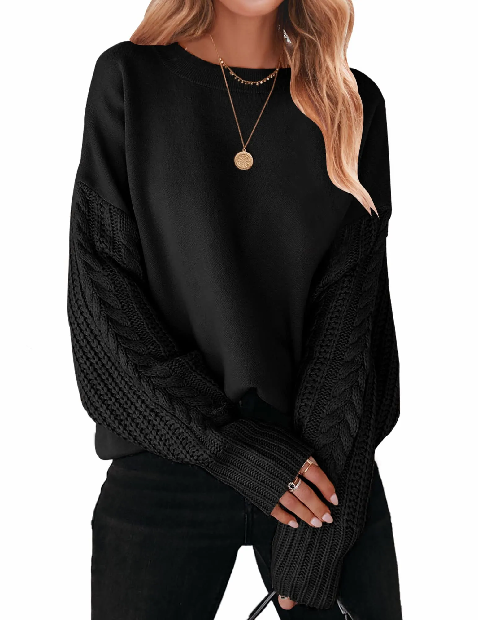 ZESICA Long Sleeve Crew Neck Cable Knit Sweater
