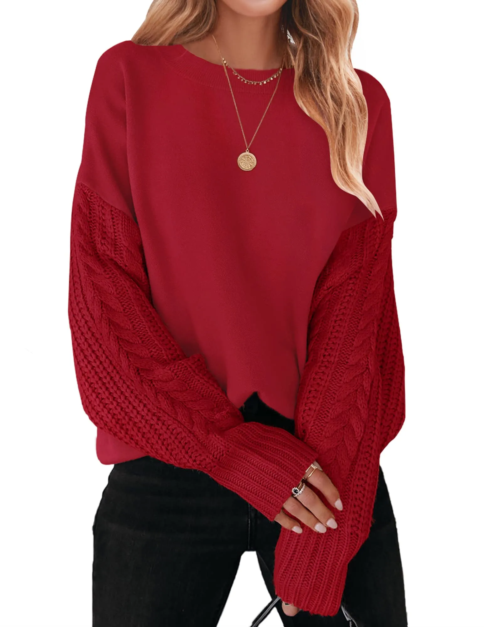 ZESICA Long Sleeve Crew Neck Cable Knit Sweater