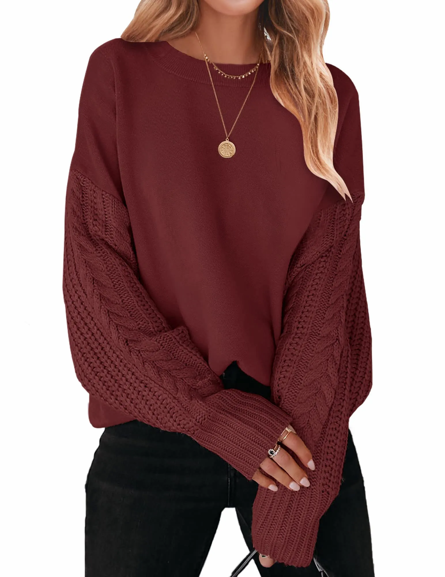 ZESICA Long Sleeve Crew Neck Cable Knit Sweater