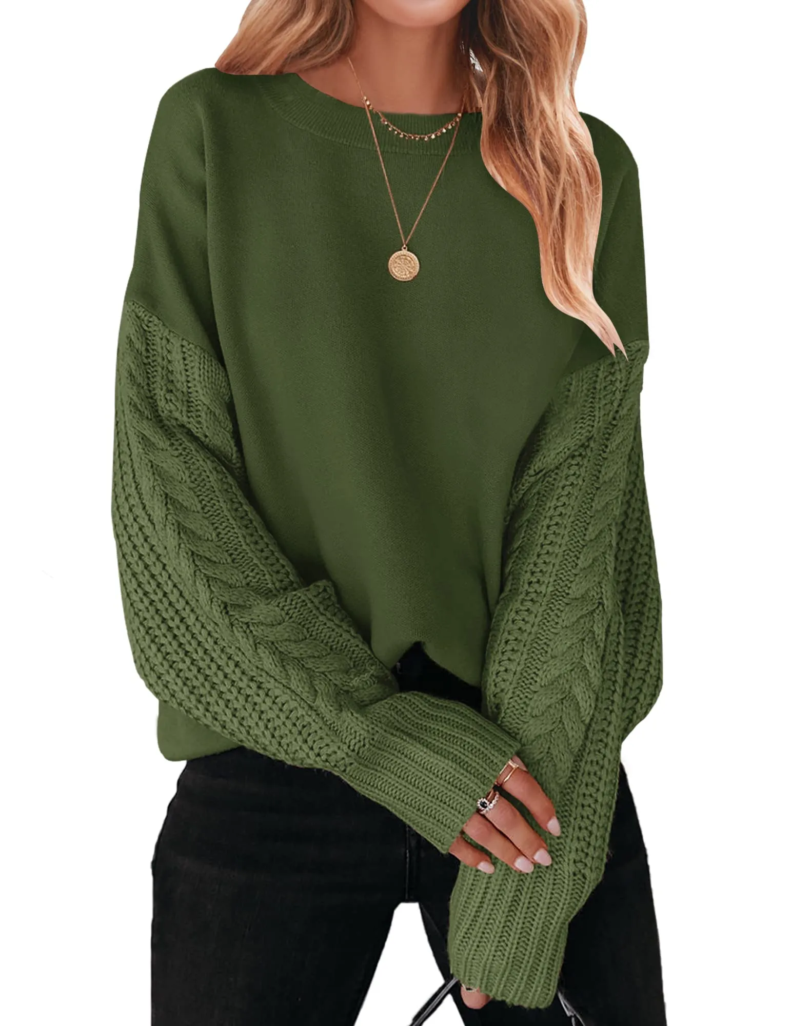 ZESICA Long Sleeve Crew Neck Cable Knit Sweater