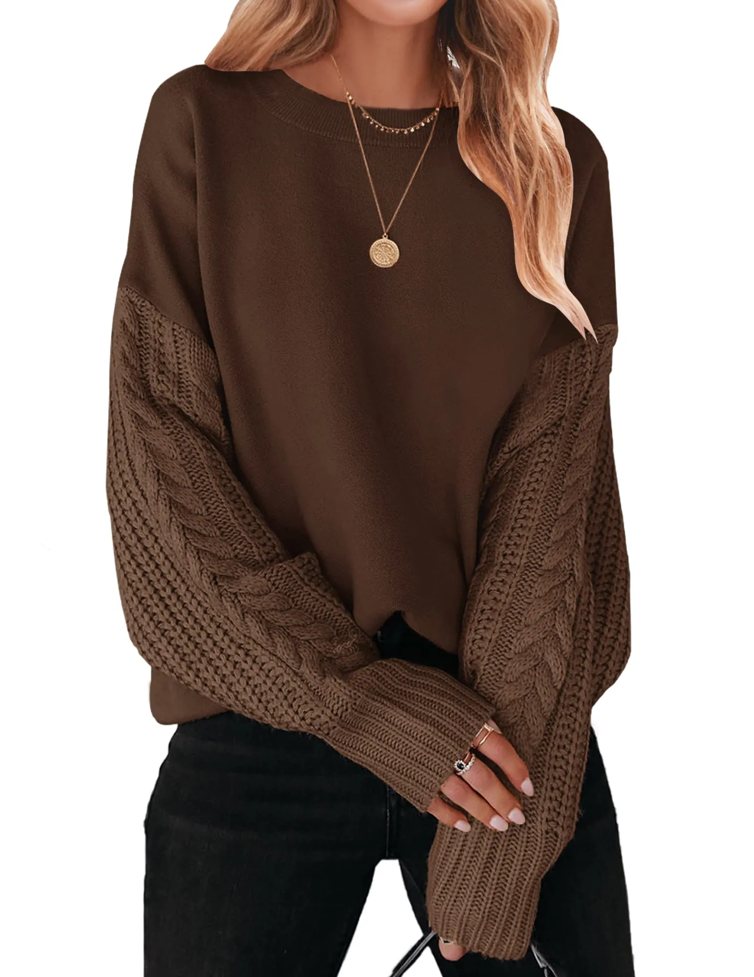 ZESICA Long Sleeve Crew Neck Cable Knit Sweater