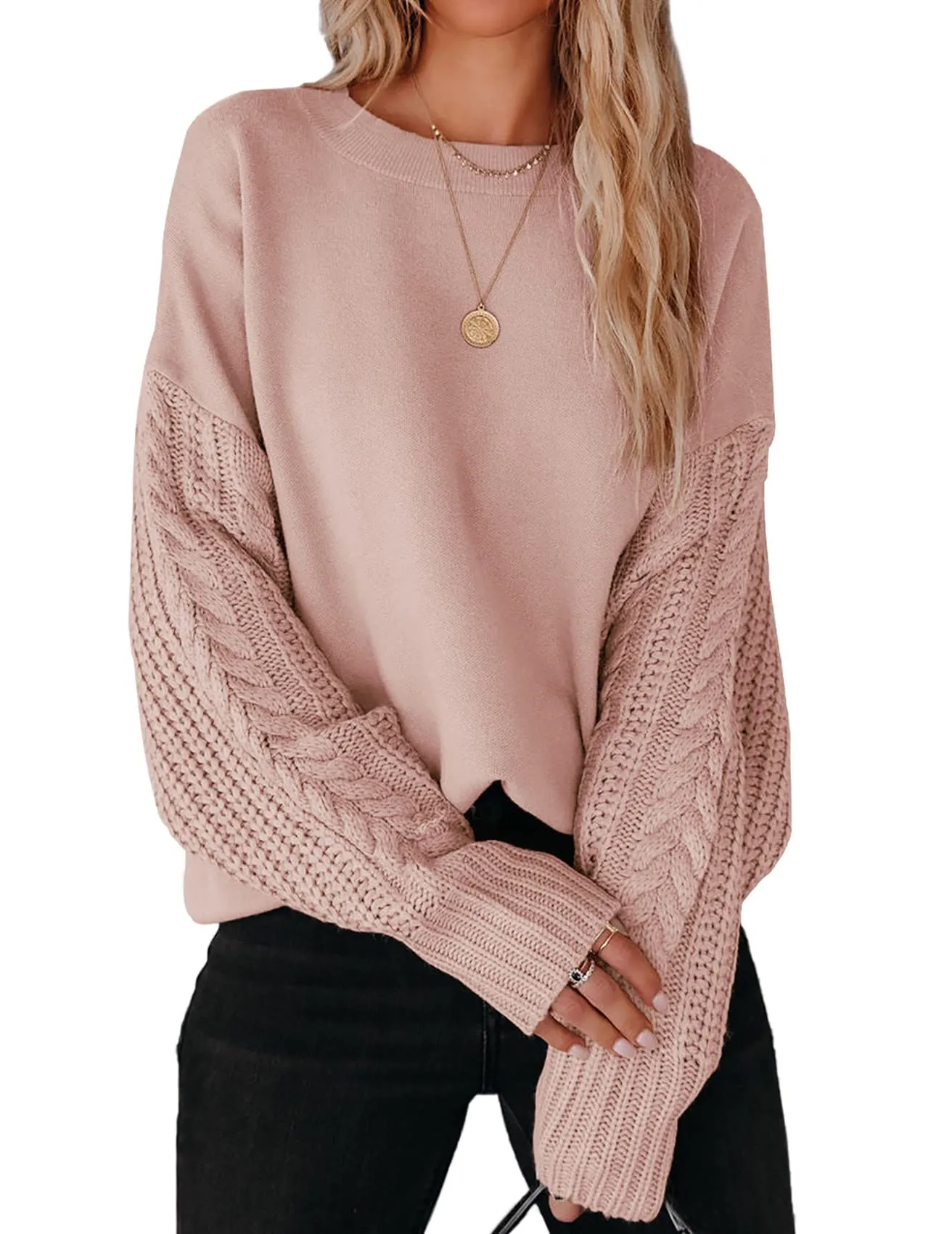 ZESICA Long Sleeve Crew Neck Cable Knit Sweater